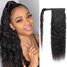 100% Real Human Hair Ponytail Wrap Around Hair Extensions Water Wave, Magic Paste Natural Wavy Deep Curly Ponytail for Black Women (20 Inch)
