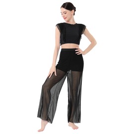 Lyrical Dance Costumes for Women Modern Contemporary Ballet Dancewear Two Piece Outfit Criss Cross Tank Crop Tops Mesh Tulle Wide Leg Bottom Pants Leotards Jazz Modern Dance Solo Set Black XS