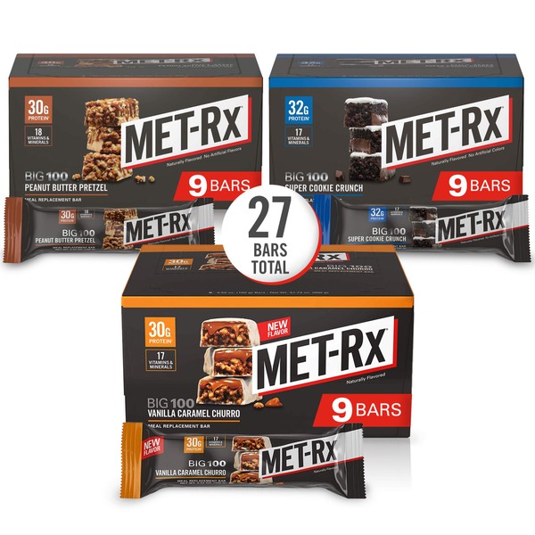 MET-Rx Big 100 Colossal Protein Bars, Healthy Meal Replacement Snack, Variety Pack, 3.52 oz bars, 9 Count (Pack of 3)