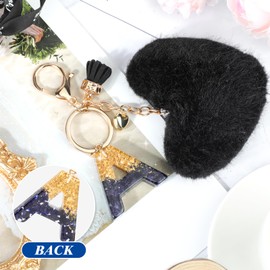 MWOOT Heart Pom Pom Key Chain, Fluffy Key Ring for Women's Backpack Purse Car Key Bag, with Resin Name Letter A, Black