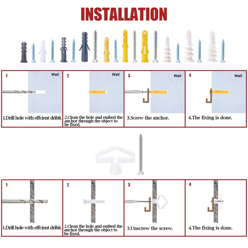 Hilitchi 212-Pcs [11-Sizes] Plastic Drywall and Hollow-Wall Anchor with Screws