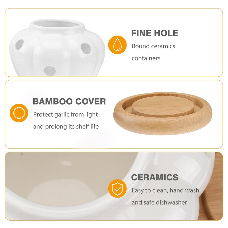 BESTONZON White Stoneware Garlic Keeper Bamboo Lid Round Ceramics Garlic