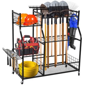 Garden Tool Organizer Rolling Cart Large Capacity Rust-Resistant Metal Tool Cart with Wheels Hooks Garage Shed Yard Outdoor Storage Rack Suitable for Long-Handled Tools/Rakes/Shovels