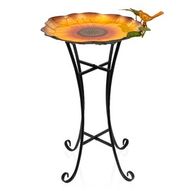 Alpine Corporation ORS882 Outdoor Metal Birdbath w/ Stylish Stand, Sunflower Birdbath Bowl and Stand Set, 29"H, Yellow/Green