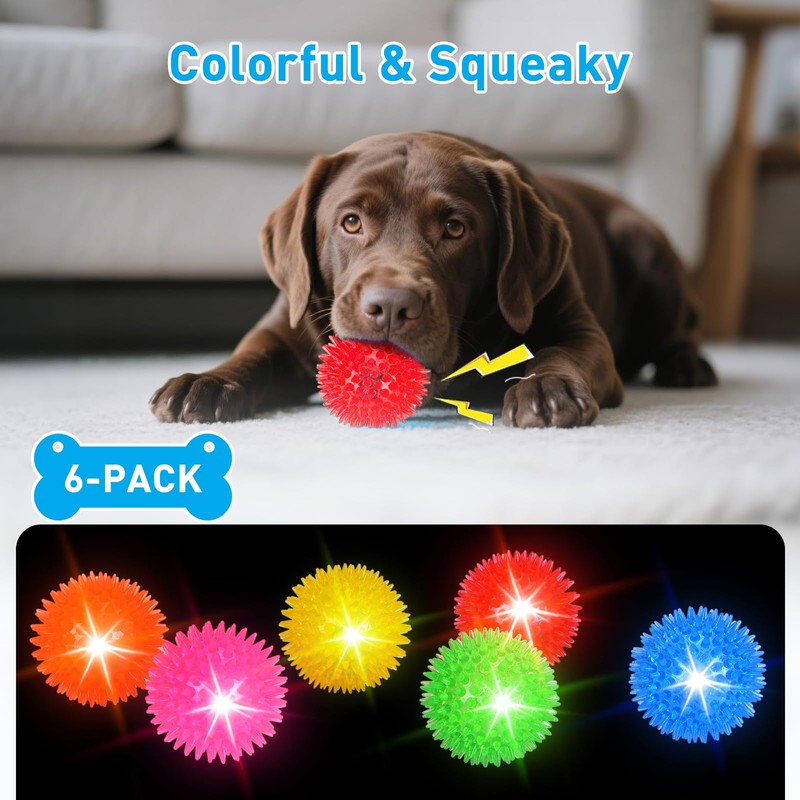 Novkin 6-Pack 2.5” LED Light-Up Squeaky Dog Toy Balls ，Durable