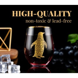 Onebttl Unique Stemless Wine Glasses, Penguin Wine Glass for Red or White Wine - 18oz, Penguin Pattern, Gold - for Women, Her, Friends, Penguin Lovers - for Birthday, Christmas