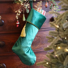Dibor Christmas Stocking Green Velvet - Opulent Festive Xmas Gift Stocking with Gold Tassel and Braided Cuff (CR08)