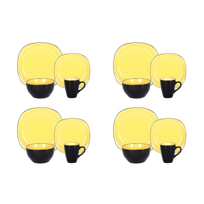 HomeVss, Stoneware Square 16pc Dinnerware Set, Inside Shiny Yellow +