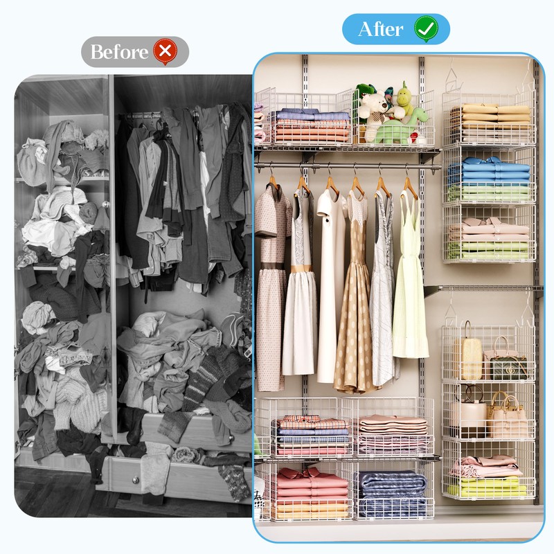 3-Tier Hanging Closet Organizer with 5 S Hooks, Closet Shelves