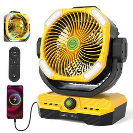 RUNTOP 45000mAh Large Battery Operated Fan, High Speed Oscillating Camping Fan with Remote,Quiet Adjustable Tilt Rechargeable Fans, Battery Powered fansfor Tent Home Office, Bedroom Travel (Yellow)