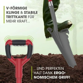EASYmaxx Spade Saw with Root Saw, Spade and Root Saw, Grey/Red, Energy-saving and Ergonomically Shaped, Spade Saw 114 cm Including Tread Edge for the Feet, Gardener Spade with V-shaped Blade
