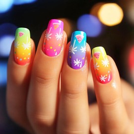 NGMATY Summer Sweet Fireworks Press On Nails Short Coffin, Colorful Gradient Glitter Fake Nails,Summer Themed Glue on Nails for Women 24PCS (Blooming Fireworks)