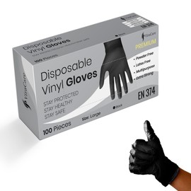 100 x Black Premium Disposable Gloves | Double Thickness | Vinyl Gloves Disposable | Latex free Gloves | Powder Free Gloves | Black Gloves Disposable | (Large, 1 Pack of 100)