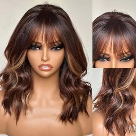 Ombre Colored Layered Cut Wavy Human Hair Wig With Bangs HD Invisible 13X4 Glueleee Lace Front Brazilian Human Hair Wig Bleached Knots Brown Mieed 27 Colored Loose Wave Bangs Wig 150 Density