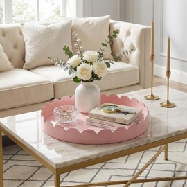 Gesodant 13" Round Scalloped Decorative Tray for Coffee Table Decor, Candle & Perfume Tray, Dining Table Centerpiece & Aromatherapy Candle Display, Modern Glossy Lacquer Look (Pink)