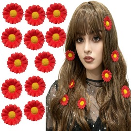 [12 Packed] Women Sweet Daisy Mini Flower Side Hair Clip Beach Wedding Flower Bridesmaid Hair Accessory (Red)