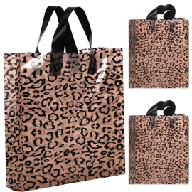 Woanger 100 Pcs Shopping Bags for Small Business Cheetah Leopard Plastic Bags with Handles for Merchandise Retail Boutique(Brown)