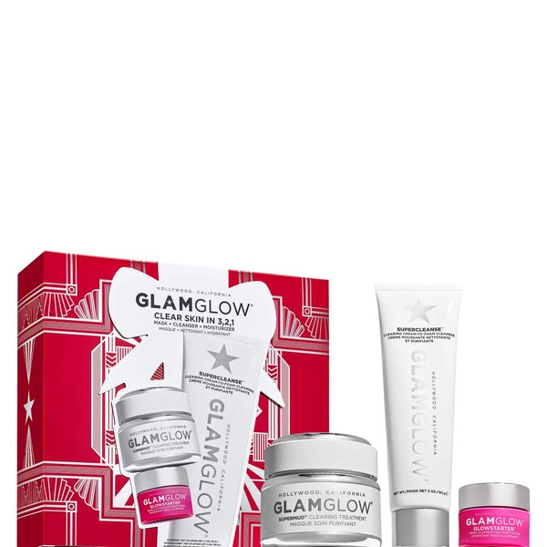 Glamglow Clear Skin in 3,2,1 Set with Glamglow Supermud Clearing Treatment 1.7oz, Glamglow Supercleanse 5oz and Glamglow Mega Illuminating Moisturizer in Nude Glow 0.5oz