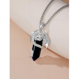 Qyvit Dragon Necklace 925 Sterling Silver Dragon Pendant with Obsidian Healing Crystal Necklace Energy Amulet Jewelry Gift for Men Women
