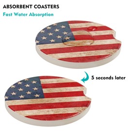 Car Coasters 2 Pack, Small 2.56" Stone Car Cupholder Absorbent Coaster Set for Women Men Drink Cup Holder Coasters (USA Flag)