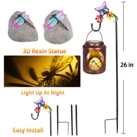 Solar Lanterns Outdoor Waterproof Metal Dragonfly Patterns with Resin Dragonfly Inside Garden Decor Gifts for Women Mom Grandma Hanging Solar Lights Decoration Outside for Yard, Patio, Backyard, Porch