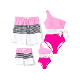 PATPAT Family Matching Swimsuits for Couples Swim Trunks Hot Rose Pink Stripe Vacation Outfits Bathing Suits His and Hers Swimwear Beach Shorts for Men L