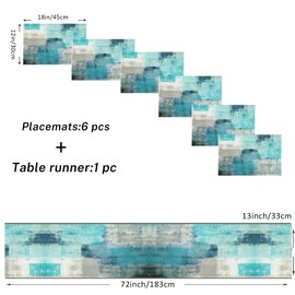 Emvency Farmhouse Table Runner and Placemats Set of 6, Cotton-Linen Abstract Teal and Grey Painting Art Dining Table Decor for Daily Use(1 Table Runner 72 inches Long and 6 Placemats)