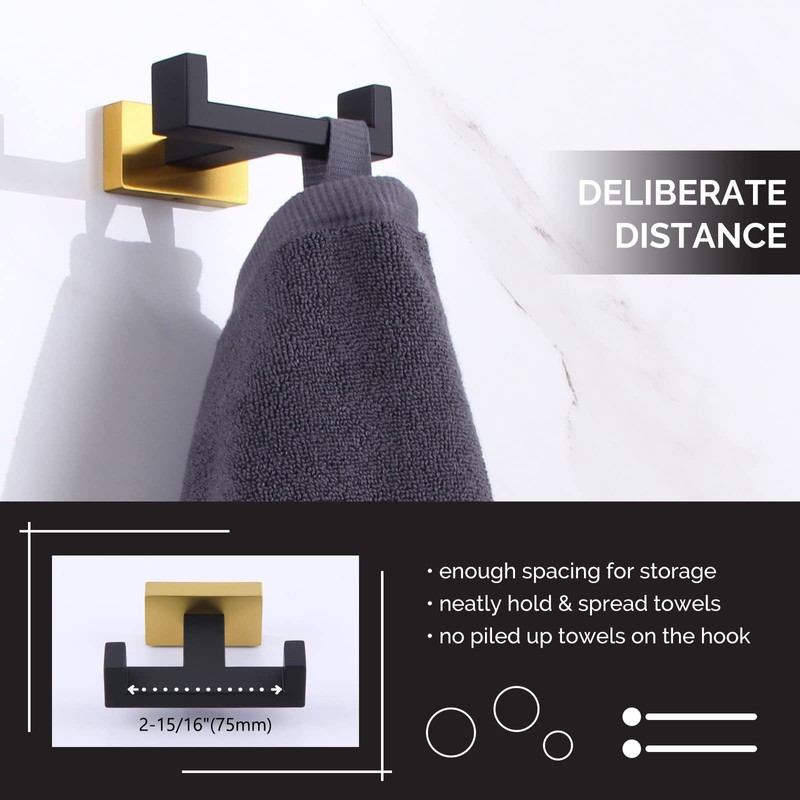 Angle Simple Double Towel Hook Black & Gold, Stainless Steel