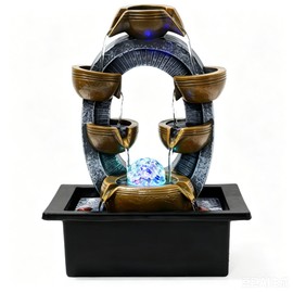 Desktop Water Fountain Indoor:6 Tier Cascading Waterfall with Spinning Orb & Chasing LED Lights, Small Zen Stone Fountain for Office Desk Bedroom Nightstand Relaxation, 13 Inch Tabletop Decor