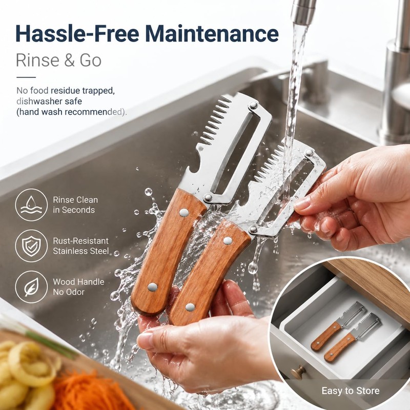 2Pcs Vegetable Peeler with Wooden Handle, Odor-Free Stainless Steel Multi