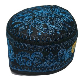 Muslim Kufi Hat for Men ALW011 Islam Prayer Skull Cap Unique Design Topi Ramadan Eid Gift (Bk-Blue, 57 cm. (22.5 inch))