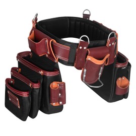 FUERI Tool Belt With Suspender Men Carpenter Pouches Construction Bags Electrician Belts Framer Worker Pouch Bag Holder Organizer 26 Pocket Nylon Leather Maroon Professional Set - Medium