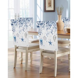 Anzona Blue Coastal Chair Back Covers for Dining Room, Eucalyptus Leaves Beach Linen Polyester Back Chair Protector, Starfish Shells Botanical 4 Pcs Back Covers for Dining Chair Decor, 20 x 19 in