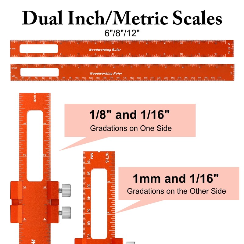 GAINNEER Woodworking Ruler Set 3PCS(6/8/12-Inch) - Precision Aluminum Pocket Rulers