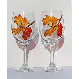 Oak Leaves Acorns Hand Painted Wine Glasses Set of 2 Fall Decor