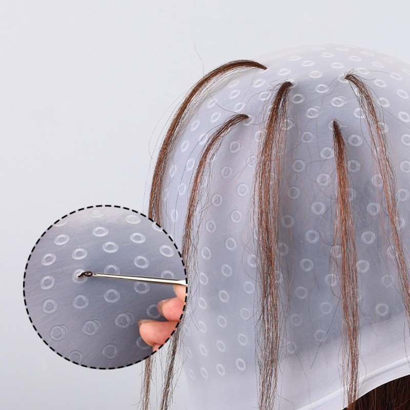 [ShuaWdk]ニードル付きパンチ穴付きシリコンハイライトヘアキャップ、メッシュキャップ、プロフェッショナル再利用可能ハイライトポケ穴キャップ、フック付き、カラーヘアサロンヘアドレッシング染色ツール、女性男性用 (ピンク)