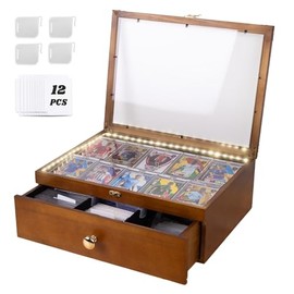 Card Display Case with Battery-Powered LED Strip, Graded Card Display, Sports Card Case, Holds 50+ Graded Cards, Wood Storage Box with Drawer, Dividers, Fits Toploader & Slabs