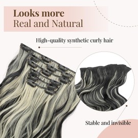 TESS Hair Extensions Clip in Natural Curly Heat Resistant Synthetic Fiber Hairpieces for Women UK 6PCS 16 Clips 22 Inch 150g #1BH613 Balayage Natural Black & Bleached Blonde
