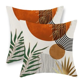Boho Pillow Covers 18x18 Set of 2 Green Gold Orange Throw Pillows Tropical Leaves Sunset Decor Modern Mid Century Pillowcase Outdoor Decorations Bohemian Linen Cushion Case for Couch Sofa Bed