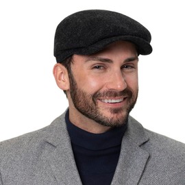 Stetson Belfast Flat Cap - Men's Flat Cap - Peaked Cap with Wool - Herringbone Men's Cap with Inner Lining (Cotton) - Wool Cap Autumn/Winter - Flat Cap, black / grey