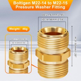 Boltigen 2PCS M22 Pressure Washer Hose Adapter, M22-14 Male x M22-15 Male Power Washer Fittings, M22 14mm to M 22 15mm Pressure Washer Hose Extension,Brass M22 Pressure Washer Coupler, Max 4800PSI