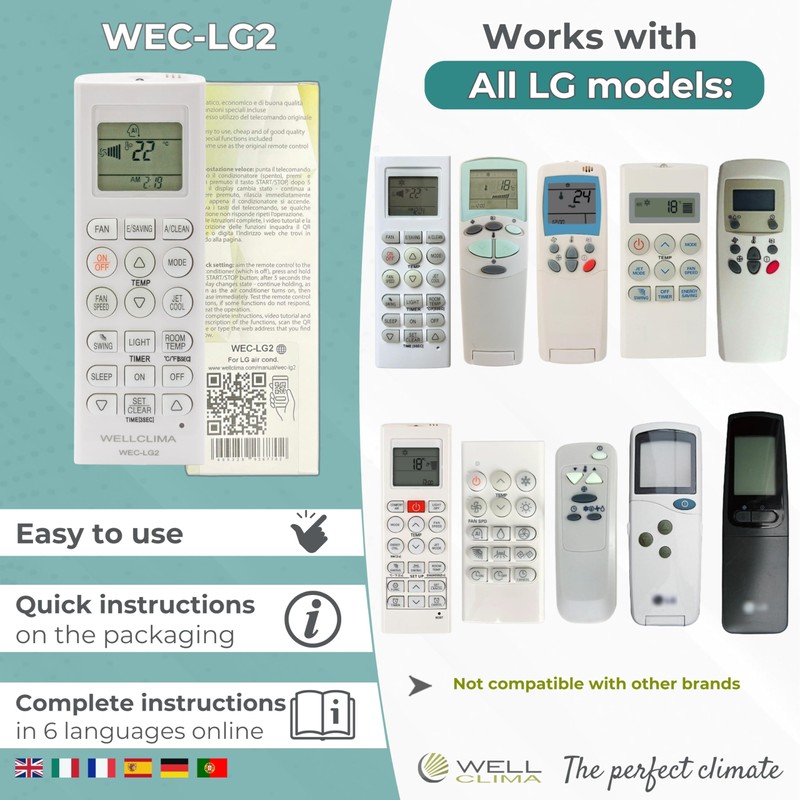 Wellclima Universal Remote Control for LG Air Conditioners, WEC-LG2, Compatible
