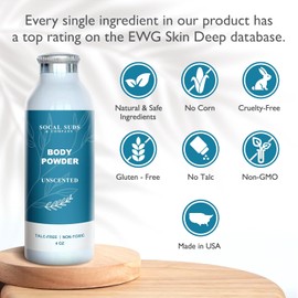 SoCal Suds & Company - Natural Body Powder Talc-Free - with Arrowroot Powder, Kaolin, Aspen Bark Extract for Soft Soothing Delicate Skin - Fragrance Free, 4oz, 1-Pack
