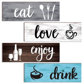 Purpeak 4 Pcs Farmhouse Kitchen Wall Decor Eat Drink Enjoy Love Kitchen Decor Rustic Wood Kitchen Sign Eat Sign Wooden Hanging Dining Room Decor for Living Room Home Bar Cafe