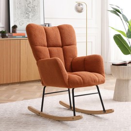 UOCFYK Nursery Rocking Chair, Boho Accent Ottoman, Teddy Upholstered Glider Rocker with High Backrest, Recliner Function and Foot Rest for Living Room, Small Spaces, Bedroom, Orange