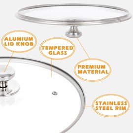 12" Tempered Glass Lid for Frying Pan Pot, Clatine Replacement Cover with Aluminium Knob Stainless Steel Rim for 12 inch Cookware, Skillets, Cast Iron, Cast Alluminium Pans, 30CM