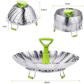 SHUUDAUKO Vaporera Verduras, Vaporera Acero Inoxidable con Asa Extraíble para Cocinar Alimentos, Cesta Vaporera Verduras Tamaños Ajustables, para Adaptarse a Varias Ollas (13 cm a 23 cm)