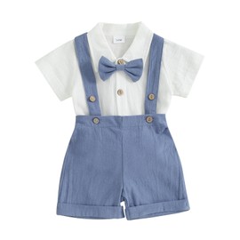 Infant Baby Boy Gentleman Outfit Summer Romper Onesie Suspender Shorts Overalls Newborn Dress Clothes (A Blue Bowtie, 0-3 Months)