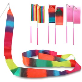 ZHXGO Pack of 6 Children's Rhythmic Sports Gymnastics Band, Dance Bands, 2 m Dance Band, Gymnastics Band with Swirling Bar, Children's Rainbow Band, Rainbow Colours, Gymnastics Streamer for Training