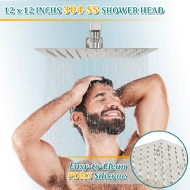 Kuzor 1Pc 304 Stainless Steel Shower Faucet Set, Rain Shower Head with Handheld Spray, Square Shower Head with 3 Setting Handheld Combo and Valve Kit (Brushed Nickel, 12 Inches Shower Head)
